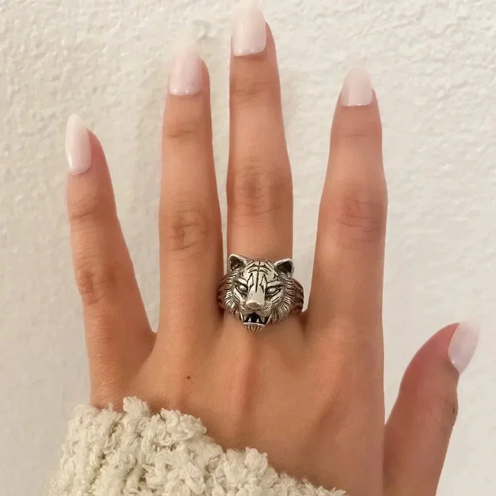 925 Sterling Silver Tiger Ring Unisex Cool Chunky Ring Bold Thick Ring